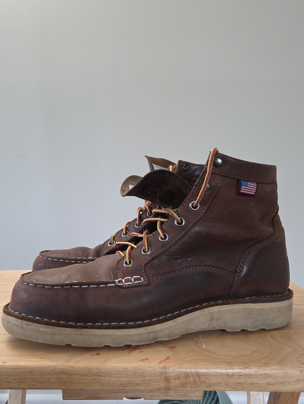 Danner Brown Leather Moc-Toe Work Boots with Flag Accent